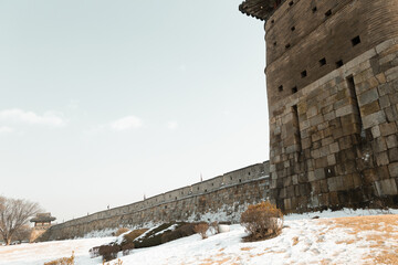 Sticker - Winter of Hwaseong Fortress with snow in Suwon, Korea