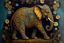 Elephants, Hohloma, Painting, Large. Small Details. Gold,light Brown, Black, Turquoise Silver