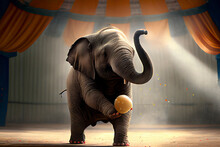 Funny Baby Elephant Juggles Fruit On The Background Of The Circus Tent