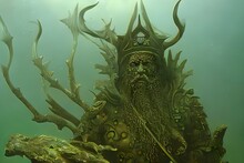 Viking North Druid Lich Mermaid King Wise Old Man God Of Death Witch Pagan Face Portrait, Underwater, Covered In Runes, Crown Made Of Bones, Necromancer. Statue. Generative AI Technology
