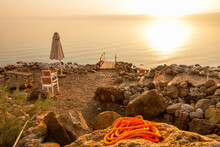 Sunset At Dead Sea In Jordan, View To The Beach From The Top Of The Hill