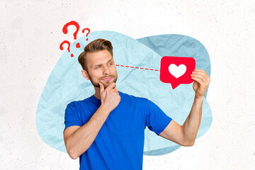 Sticker - Artwork magazine collage picture of funny unsure guy holding 14 february greeting isolated drawing background