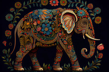 Folk Art Indian Elephant, Vector Dot Painting Illustration