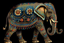 Folk Art Indian Elephant, Vector Dot Painting Illustration