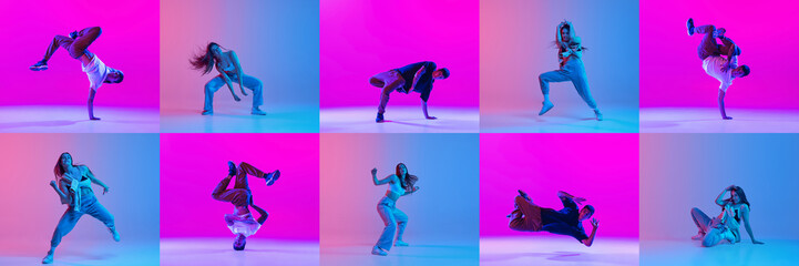 Wall Mural - Collage. Dynamic studio shots of young sportive, flexible, artistic boy and girl performing, dancing hip-hop on gradient pink blue background in neon. Youth culture, hip-hop, movement, action concept