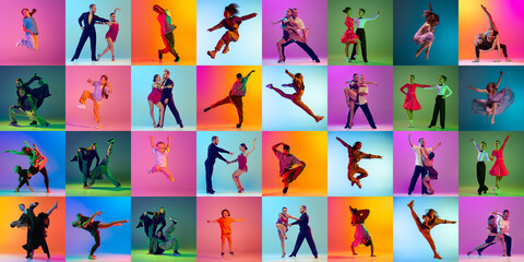 Wall Mural - Collage. Children and adult people dancing different dance types,from classic to modernity over multicolored background in neon light. Ballroom and hip-hop. Concept of lifestyle, hobby, action, motion