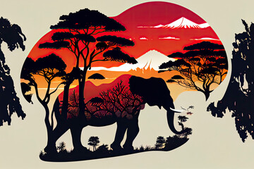 Wall Mural - vectorized sticker of Asian landscape in an Asian elephant silhouette in Japanese style