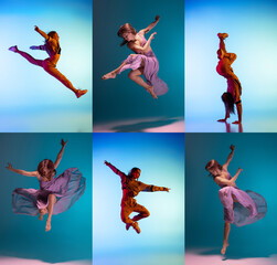 Wall Mural - Collage. Young flexible artistic girls dancing ballet and contemporary, experimental dance over blue and cyan background in neon light. Concept of lifestyle, hobby, action, motion, art, fashion