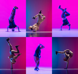 Wall Mural - Collage. Dynamic studio shots of young sportive, flexible, artistic boy performing, dancing hip-hop on gradient pink blue background in neon. Youth culture, movement, style and fashion, action concept