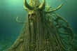 Viking north druid lich mermaid king wise old man god of death witch pagan face portrait, underwater, covered in runes, crown made of bones, necromancer. Statue. Generative AI technology