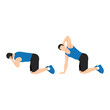 Man doing exercise in thoracic rotation pose or quadruped rotation. Flat vector illustration isolated on white background