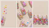Colorful glitters and decor diffrent form for nail art, makeup in small jars on beige background. Aesthetic photo with glitter for nails in glass bottles at sunlight, set vertical stories templates
