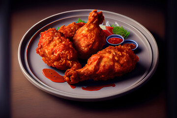 Fried chicken wings on wooden table.