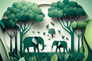 Wall Mural - illustration of elephants in green trees forest,Creative Origami design world environment