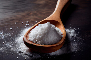 Healthy sea salt on wooden spoon