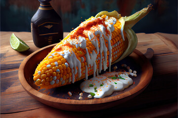 Wall Mural - Elotes, Grilled Mexican Street Corn on a plate