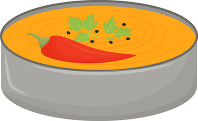 Poster - Curry soup in bowl semi flat color raster element. Full sized object on white. Course with hot pepper and parsley. Savoury soup simple cartoon style illustration for web graphic design and animation