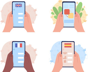 Poster - Mobile app for learning languages 2D raster isolated illustration set. Flat first view hand on cartoon background. Colourful scene collection for mobile, website, presentation