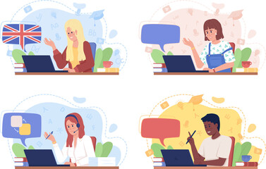 Poster - Speaking foreign language fluently 2D raster isolated illustration set. Flat characters on cartoon background. Colourful scene collection for mobile, website