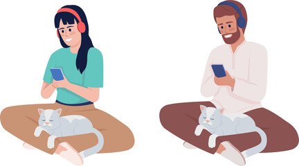 Poster - Listening to music with cat on lap semi flat color raster character set. Sitting figures. Full body people on white. Simple cartoon style illustration for web graphic design and animation