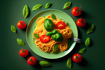 Wall Mural - Special Spaghetti with tomato and basil on green