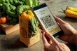 Person using a smartphone to scan the qr code on a package with vegetables, concept of Barcode Scanning and Online Shopping, created with Generative AI technology