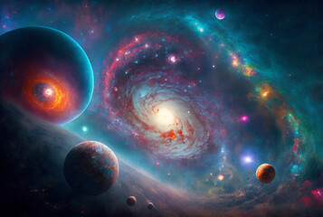 Wall Mural - generative ai illustration of planets and shining stars galaxy in space. universe galaxy nebula star