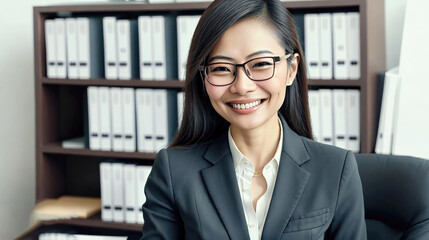 portrait asian confident short hair wearing glasses woman in suit in the office , generative art by A.I.