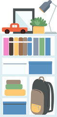 Poster - Bookshelves semi flat color raster element. Full sized object on white. Book stand. Child room interior detail simple cartoon style illustration for web graphic design and animation