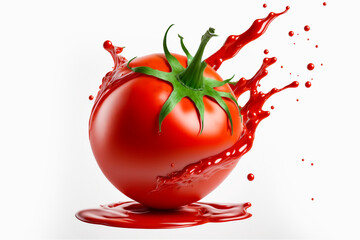 Wall Mural - Close up red delicious fresh tomato with splashing tomato juice on white background. Food photography. With clipping path. Full depth of field.