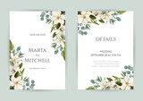 Fototapeta  - Wedding invitation set of card with leaves. Design with forest green leaves, magnolia, eucalyptus, fern & golden geometric frame. Floral Trendy templates for banner, flyer, poster, greeting.