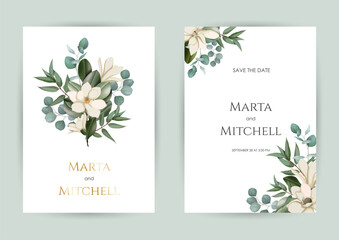 Wall Mural - Wedding invitation set of card with leaves. Design with forest green leaves, magnolia, eucalyptus, fern & golden geometric frame. Floral Trendy templates for banner, flyer, poster, greeting.