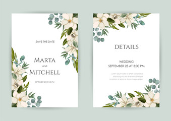 Wall Mural - Wedding invitation set of card with leaves. Design with forest green leaves, magnolia, eucalyptus, fern & golden geometric frame. Floral Trendy templates for banner, flyer, poster, greeting.