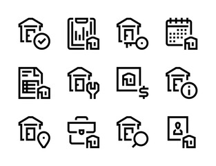 Poster - Real Estate, Rental Property and Realtor services line vector icons. House for rent and sale editable stroke outline icon set.