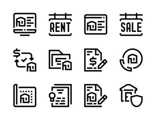 Wall Mural - Real Estate, Rental Property and Realtor services line vector icons. House for rent and sale editable stroke outline icon set.