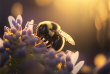  A Bee Is Sitting On A Flower With The Sun Shining On The Back Of Its Head And Body, With A Blurry Background Of Purple Flowers.  Generative Ai
