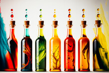 An Image Showcasing A Vibrant Array Of Colorful Olive Oils On A Crisp White Background