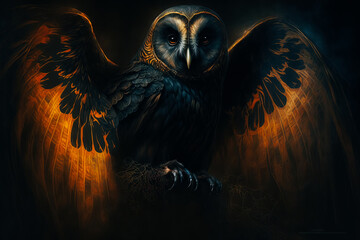 black barn owl spirit, long feathers, big eyes
