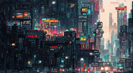 cyberpunk neon city night. futuristic city scene in a style of pixel art. 80's wallpaper. retro futu