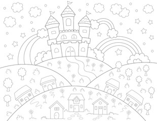 Wall Mural - castle, rainbows and mountains coloring page. you can print it on 8.5x11 inch paper