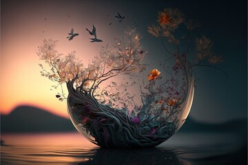  a surreal image of a tree in a glass bowl with a sunset in the background and birds flying over the water and a mountain in the distance.  generative ai