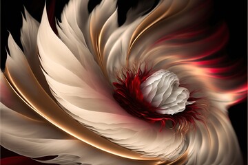  a computer generated image of a white and red feathered flower with a red center in the middle of the petals and a black background.  generative ai