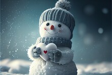 Snowman Holding A Heart. Valentines Day Snowman. Winter Valentines Day Background. I Love You Card. Generative AI