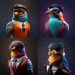 Wall Mural - Illustration of Flycatcher bird photography in a suit as mascot character generative ai