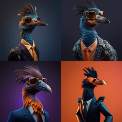 Wall Mural - Illustration of Roadrunner chicken photography in a suit as mascot character generative ai
