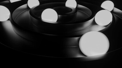 Poster - Glowing balls rotating in rings. Design. Glowing balls move through rings in dark. 3D spiral rings with moving balls