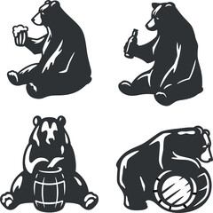 Wall Mural - Set silhouette of sitting bear with wood barrel of beer or honey in paw for emblem and poster