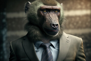 Canvas Print - Portrait of a baboon dressed in a formal business suit, generative ai