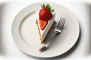  a piece of cake with a strawberry on top and a fork on a white plate with a fork on the side of the plate and a fork on the plate.  generative ai