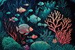  a painting of a coral reef with fish and corals on a black background with a blue sky and seaweed and other corals.  generative ai
